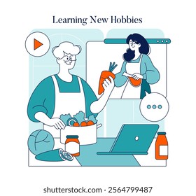 Learning New Hobbies concept. Joyful online cooking class with senior participants showing a digital connection. Elderly engagement, skill development, and social interaction. Vector illustration.