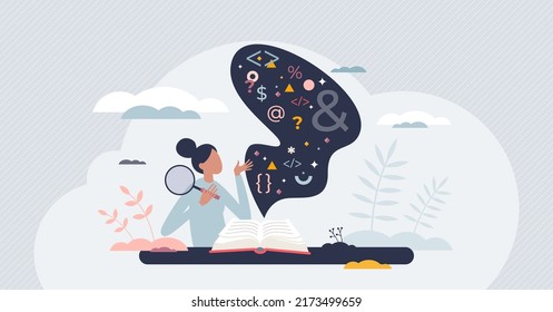 Learning new information and read educational books tiny person concept. Expand mind horizon with personal knowledge development and growth vector illustration. Wise woman study academic information.
