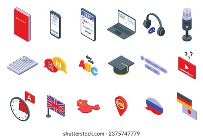 Lernen Sie eine neue Sprache Symbole setzen isometrische Vektorgrafik. Lerne Bildungsstudien. Digitales Wörterbuch