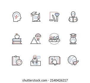 Lernen Sie neue Dinge und Bildung - Linien Design Stil Symbole mit bearbeitbaren Strich gesetzt. Brainstorming, Wissen, Universitätsabschluss, Student, Teamwork, intelligente Eule, Bücher, Lektion, Idee der Unternehmensgründung