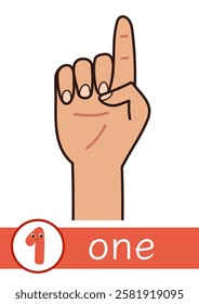 Learning number 1 flashcard for kids. Finger counting flash card for preschool. Vector illustration