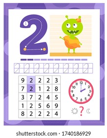 Learning Number 2 with funny monster. Coloring printable worksheet for kindergarten and preschool. Two. Handwriting practice. Coloring book. 
