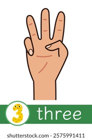 Learning number 3 flashcard for kids. Finger counting flash card for preschool. Vector illustration