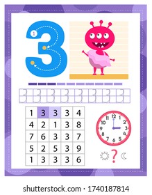 Learning Number 3 with funny monster. Coloring printable worksheet for kindergarten and preschool. Three. Handwriting practice. Coloring book.