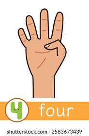 Learning number 4 flashcard for kids. Finger counting flash card for preschool. Vector illustration