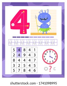 Learning Number 4 with funny monster. Coloring printable worksheet for kindergarten and preschool. Four. Handwriting practice. Coloring book.