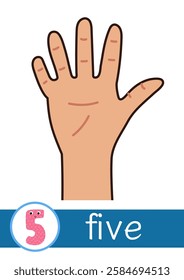 Learning number 5 flashcard for kids. Finger counting flash card for preschool. Vector illustration