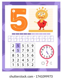 Learning Number 5 with funny monster. Coloring printable worksheet for kindergarten and preschool. Five. Handwriting practice. Coloring book.