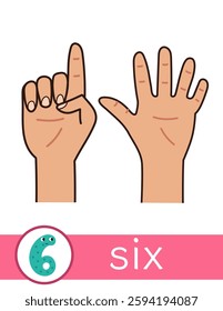 Learning number 6 flashcard for kids. Finger counting flash card for preschool. Vector illustration