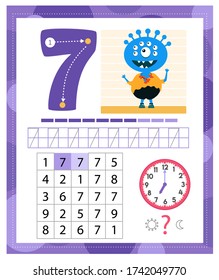 Learning Number 7 with funny monster. Coloring printable worksheet for kindergarten and preschool. Seven. Handwriting practice. Coloring book.