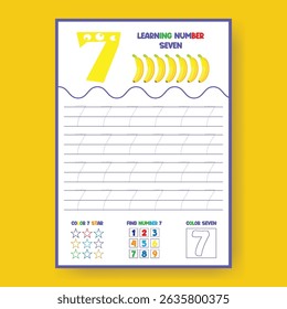 Learning Number 7 Worksheet for Preschoolers with Banana Illustration