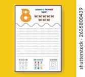 Learning Number Eight Worksheet for Kids with Tracing and Coloring Activities