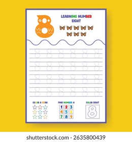Learning Number Eight Worksheet for Kids with Tracing and Coloring Activities