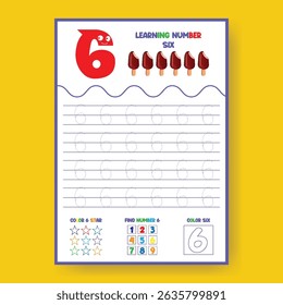Learning Number Six Worksheet for Kids, number tracing poster