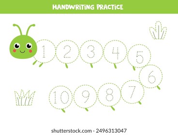 Learning numbers 1 to 10 for kids with cute caterpillar. Trace numbers.