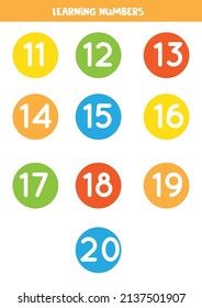 Learning numbers from 11 to 20 in colorful circles. Flashcards for preschool kids.