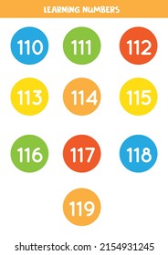 Learning numbers from 110 to 119 in colorful circles. Flashcards for preschool kids.