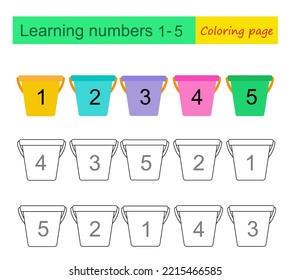 Learning numbers 1-5. Coloring page. Educational material for kids. Preschool worksheet activity. Vector illustration.