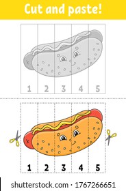 Aprendiendo números 1-5. Cortar y pegar. Caricatura. Educación desarrollando hoja de trabajo. Juego para niños. Actividad. Ilustración vectorial aislada por color.