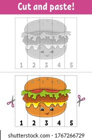 Learning numbers 1-5. Cut and glue. Cartoon character. Education developing worksheet. Game for kids. Activity page. Color isolated vector illustration.