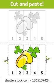 Learning numbers 1-5. Cut and glue. Cartoon character. Education developing worksheet. Game for kids. Activity page. Color isolated vector illustration. St. Patrick's day.