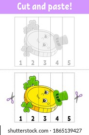 Learning numbers 1-5. Cut and glue. Cartoon character. Education developing worksheet. Game for kids. Activity page. Color isolated vector illustration. St. Patrick's day.