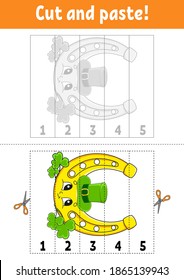 Learning numbers 1-5. Cut and glue. Cartoon character. Education developing worksheet. Game for kids. Activity page. Color isolated vector illustration. St. Patrick's day.