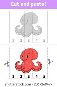 Learning numbers 1-5. Cut and glue. Cartoon character. Education developing worksheet. Game for kids. Activity page. Color isolated vector illustration.