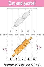 Learning numbers 1-5. Cut and glue. Cartoon character. Education developing worksheet. Game for kids. Activity page. Color isolated vector illustration.