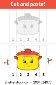 Aprendiendo números 1-5. Cortar y pegar. Caricatura. Educación desarrollando hoja de trabajo. Juego para niños. Actividad. Ilustración vectorial aislada por color.