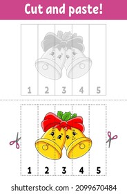 Learning numbers 1-5. Cut and glue. cartoon character. Education developing worksheet. Christmas theme. Game for kids. Activity page. Color isolated vector illustration.