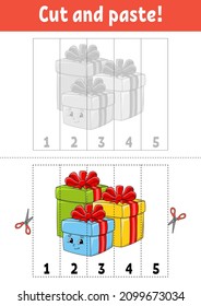 Learning numbers 1-5. Cut and glue. cartoon character. Education developing worksheet. Christmas theme. Game for kids. Activity page. Color isolated vector illustration.