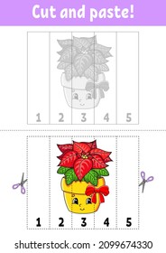 Learning numbers 1-5. Cut and glue. cartoon character. Education developing worksheet. Christmas theme. Game for kids. Activity page. Color isolated vector illustration.