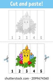 Learning numbers 1-5. Cut and glue. cartoon character. Education developing worksheet. Christmas theme. Game for kids. Activity page. Color isolated vector illustration.