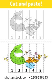 Learning numbers 1-5. Cut and glue. cartoon character. Education developing worksheet. Game for kids. Activity page. Color isolated vector illustration.