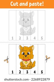 Learning numbers 1-5. Cut and glue. cartoon character. Education developing worksheet. Game for kids. Activity page. Vector illustration.