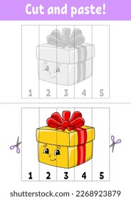 Learning numbers 1-5. Cut and glue. cartoon character. Education developing worksheet. Game for kids. Activity page. Vector illustration.
