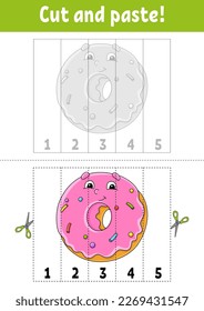 Learning numbers 1-5. Cut and glue. cartoon character. Education developing worksheet. Game for kids. Activity page. Vector illustration.