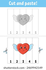 Learning numbers 1-5. Cut and glue. cartoon character. Education developing worksheet. Game for kids. Activity page. Vector illustration.