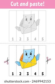 Learning numbers 1-5. Cut and glue. cartoon character. Education developing worksheet. Game for kids. Activity page. Vector illustration.