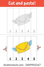 Learning numbers 1-5. Cut and glue. cartoon character. Education developing worksheet. Game for kids. Activity page. Vector illustration.
