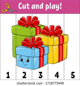 Learning numbers 1-5. Cut and play. Holiday gifts. Education worksheet. Game for kids. Color activity page. Puzzle for children. Riddle for preschool. Vector illustration. Cartoon style.