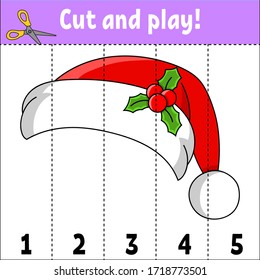 Learning numbers 1-5. Cut and play. Santa claus hat. Education worksheet. Game for kids. Color activity page. Puzzle for children. Riddle for preschool. Vector illustration. Cartoon style.