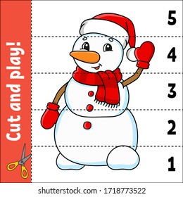 Learning numbers 1-5. Cut and play. Cute snowman. Education worksheet. Game for kids. Color activity page. Puzzle for children. Riddle for preschool. Vector illustration. Cartoon style.
