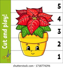 Learning numbers 1-5. Cut and play. Poinsettia flower. Education worksheet. Game for kids. Color activity page. Puzzle for children. Riddle for preschool. Vector illustration. Cartoon style.