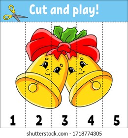Learning numbers 1-5. Cut and play. Christmas bells. Education worksheet. Game for kids. Color activity page. Puzzle for children. Riddle for preschool. Vector illustration. Cartoon style.