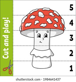 Learning numbers 1-5. Cut and play. Education worksheet. Game for kids. Color activity page. Puzzle for children. Riddle for preschool. Vector illustration. Cartoon style. Autumn theme.