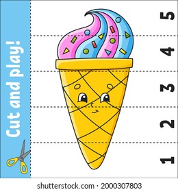 Learning numbers 1-5. Cut and play. Education worksheet. Game for kids. Color activity page. Puzzle for children. Riddle for preschool. Vector illustration. Cartoon style.
