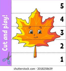 Aprendiendo números 1-5. Corta y juega. Hoja de trabajo de educación. Juego para niños. Página de actividad de color. Rompecabezas para los niños. Riddle por el preescolar. Ilustración vectorial. Estilo de caricatura. Tema del otoño.