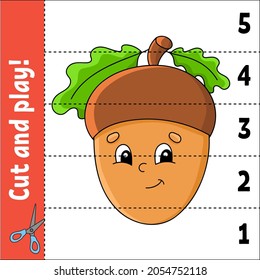 Learning numbers 1-5. Cut and play. Education worksheet. Game for kids. Color activity page. Puzzle for children. Riddle for preschool. Vector illustration. Cartoon style. Autumn theme.